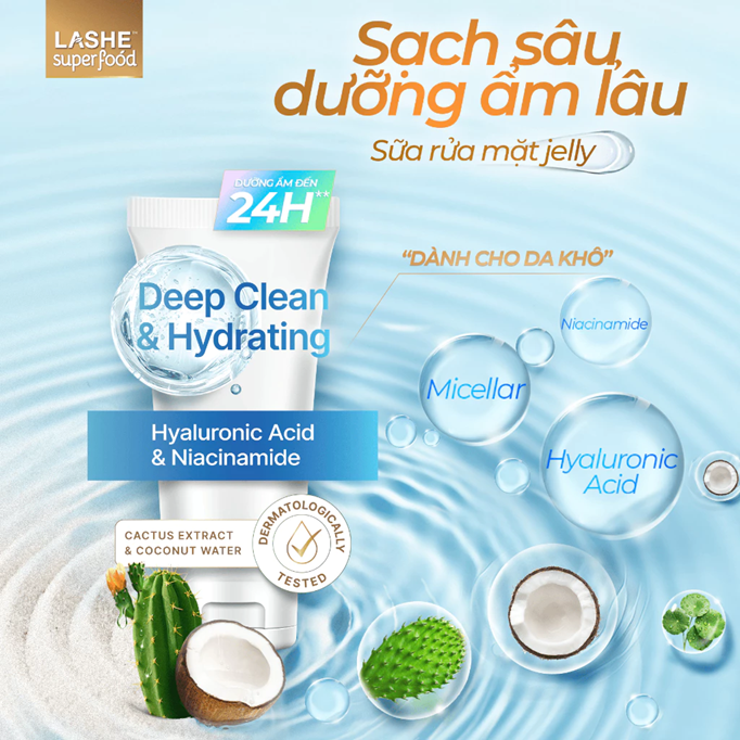  Sữa Rửa Mặt LASHE SUPERFOOD Sạch Sâu, Dưỡng Ẩm Cho Da Khô & Da Nhạy Cảm/Sạch Sâu, Giảm Mụn Cho Da Dầu 120G 