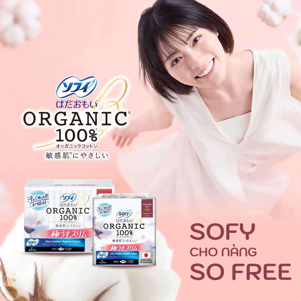  Băng vệ sinh mỏng có cánh Sofy Organic 23cm 100% Cotton 15 miếng 