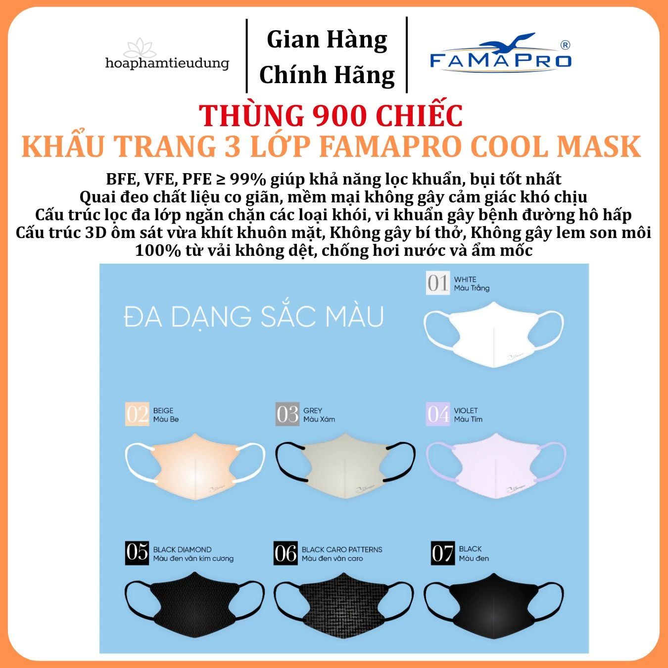  Khẩu trang cao cấp Famapro 3 lớp Cool Mask 6D Nhật Hộp 30 chiếc 
