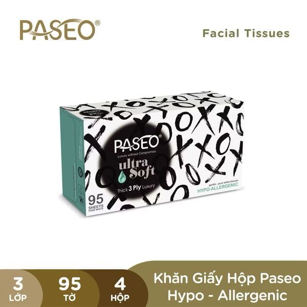  [Hộp 95 Tờ] Khăn Giấy Lau Mặt PASEO Mềm Mịn Phù Hợp Kể Cả Da Nhạy Cảm – Ultra Soft Hypo-Allergenic (3 Lớp) 