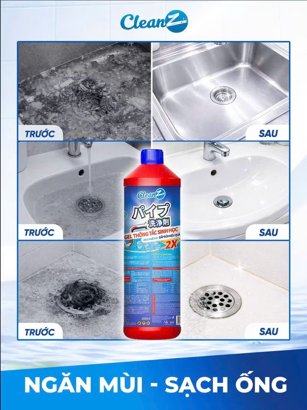  Gel sinh học CleanZ phòng tắc nghẽn, làm sạch đường ống rửa bát, rửa mặt, khử mùi hôi hiệu quả 500-1000ml 