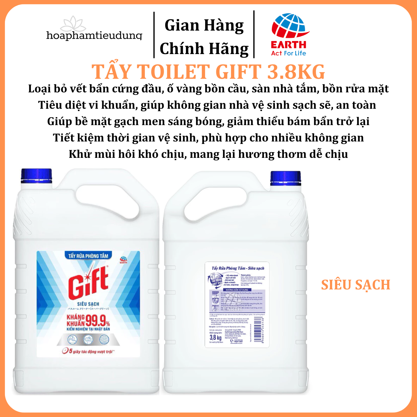  Tẩy Rửa Phòng Tắm, Nhà Vệ Sinh Siêu Sạch Gift Can Lớn 3.8kg, Sạch Nhanh 99,9% Mùi Nhẹ 