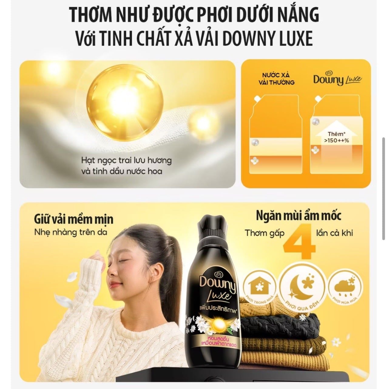  Tinh Chất Xả Vải DOWNY LUXE Tinh Chất Mặt Trời Thơm Như Được Phơi Dưới Nắng - Chai 450ml & Túi 1L 