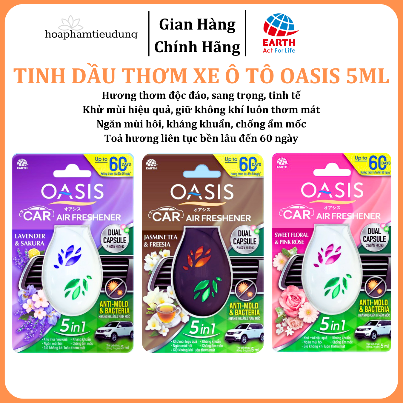 Tinh dầu thơm xe ô tô Oasis 5ml khử mùi, kháng khuẩn, ngăn mùi hôi, chống ẩm mốc, giữ không khí luôn thơm 