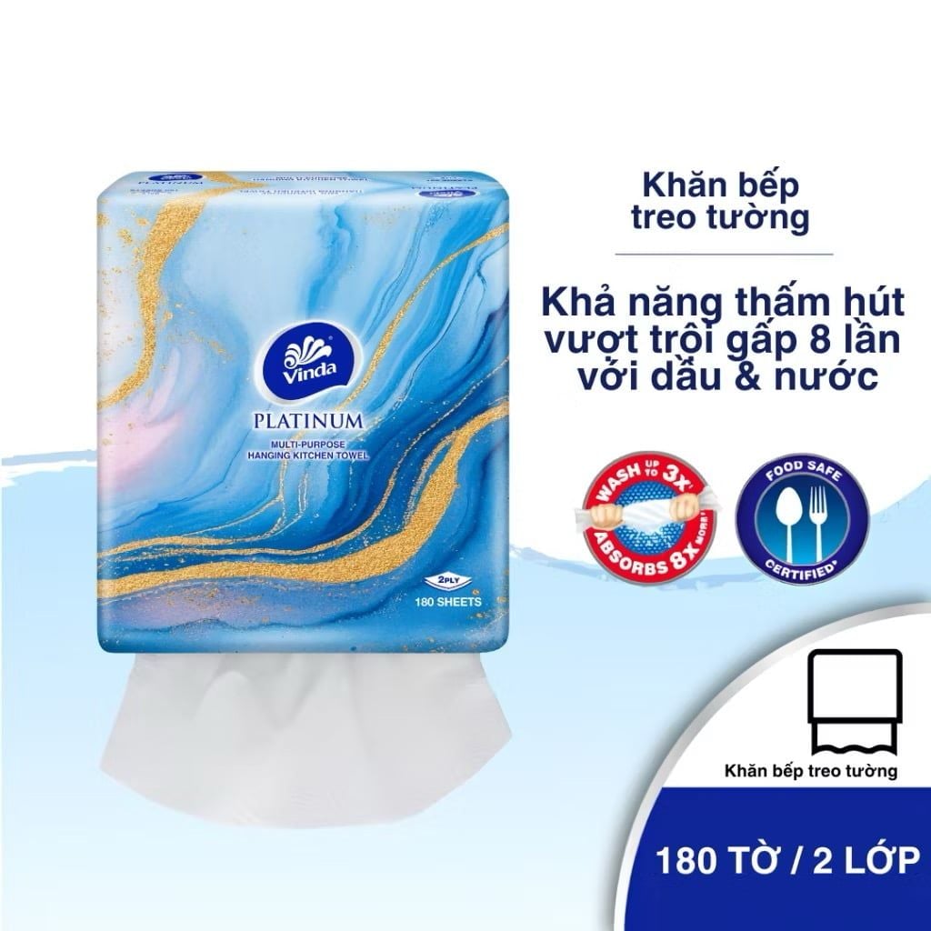  Khăn bếp treo tường Vinda Platinum (gói 180 tờ) bền dai cao cấp 2 lớp - thương hiệu Đức 