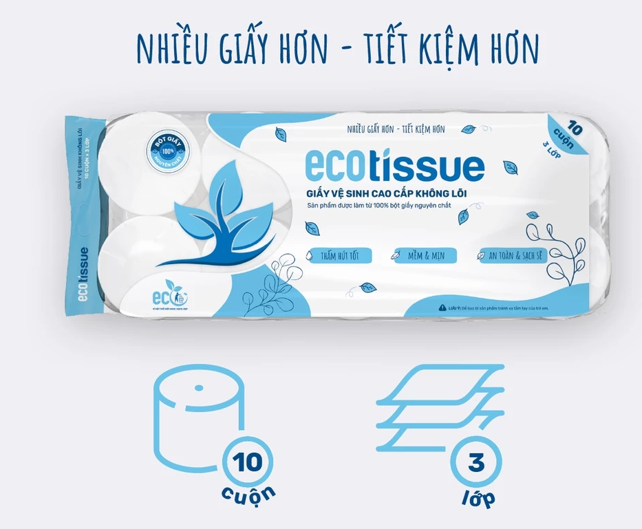  Giấy vệ sinh giấy cuộn cao cấp EcoWipes 3 lớp lốc 10 cuộn có lõi/ không lõi mềm dai thấm hút tốt 