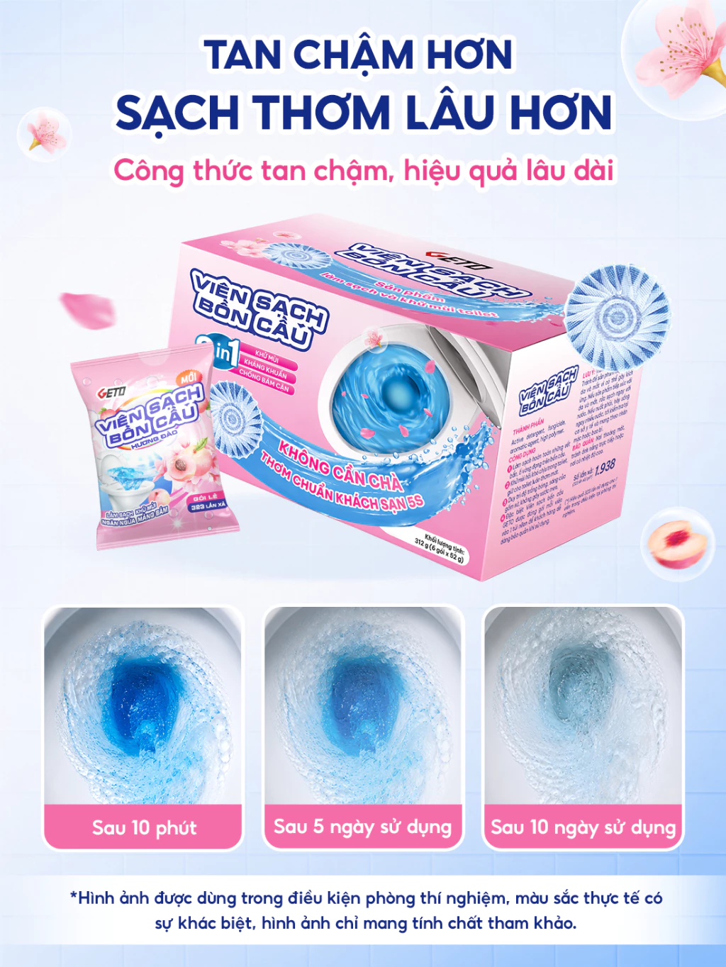  Viên Sạch Bồn Cầu Geto Hương Đào viên thả bồn cầu tẩy sạch mảng bám, khử mùi diệt vi khuẩn 50G/gói 