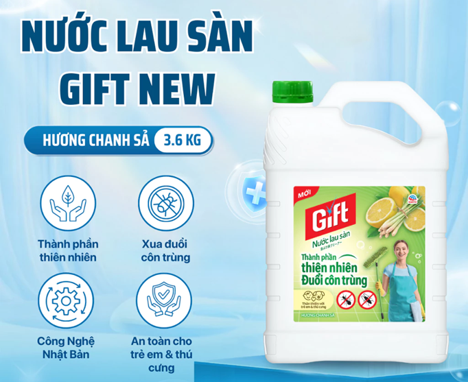  Nước Lau Sàn Gift Thành Phần Thiên Nhiên Đuổi Côn Trùng, Khử Mùi Mạnh – Hương Hoa/Hương Chanh Sả Chai 1L/Can 3.6kg 