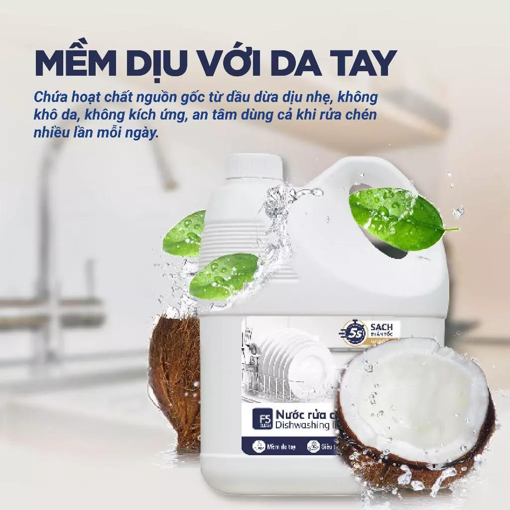  Nước rửa chén bát F5 Clean 3,8kg hương chanh, mềm mại với da tay, gốc thực vật, thiên nhiên 