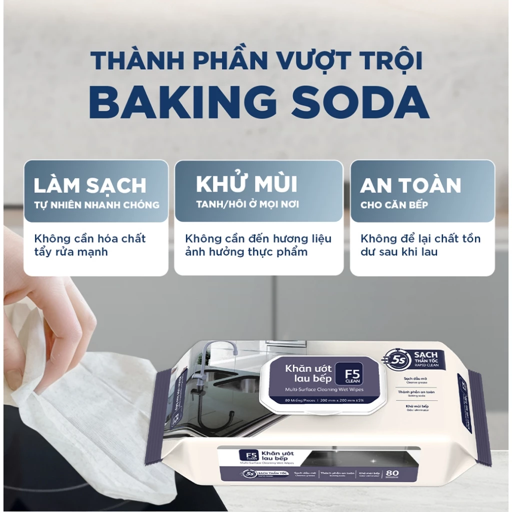  Khăn ướt lau bếp 80 tờ F5 Clean sạch mùi bếp khó chịu, an toàn cho da tay và không để lại chất tồn dư 