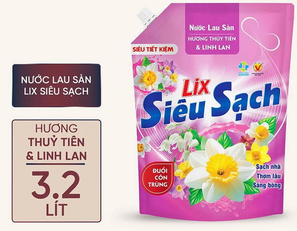  Nước lau sàn siêu sạch Lix túi 3.2L sạch nhà, thơm lâu đuổi côn trùng, phù hợp với mọi loại sàn 