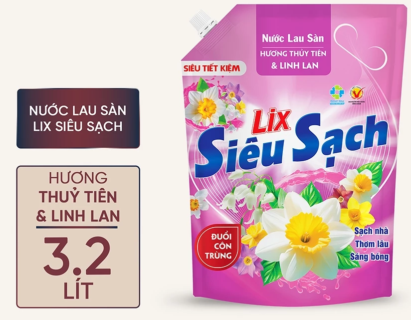  Nước lau sàn siêu sạch Lix túi 3.2L sạch nhà, thơm lâu đuổi côn trùng, phù hợp với mọi loại sàn 