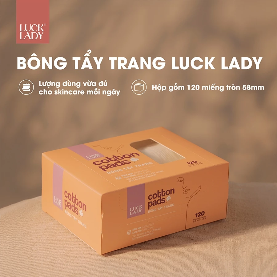  Bông tẩy trang Luck Lady dạng hộp 120 miếng,kích thước bông 58mm,mềm mịn,làm sạch da,an toàn cho da,skincare 
