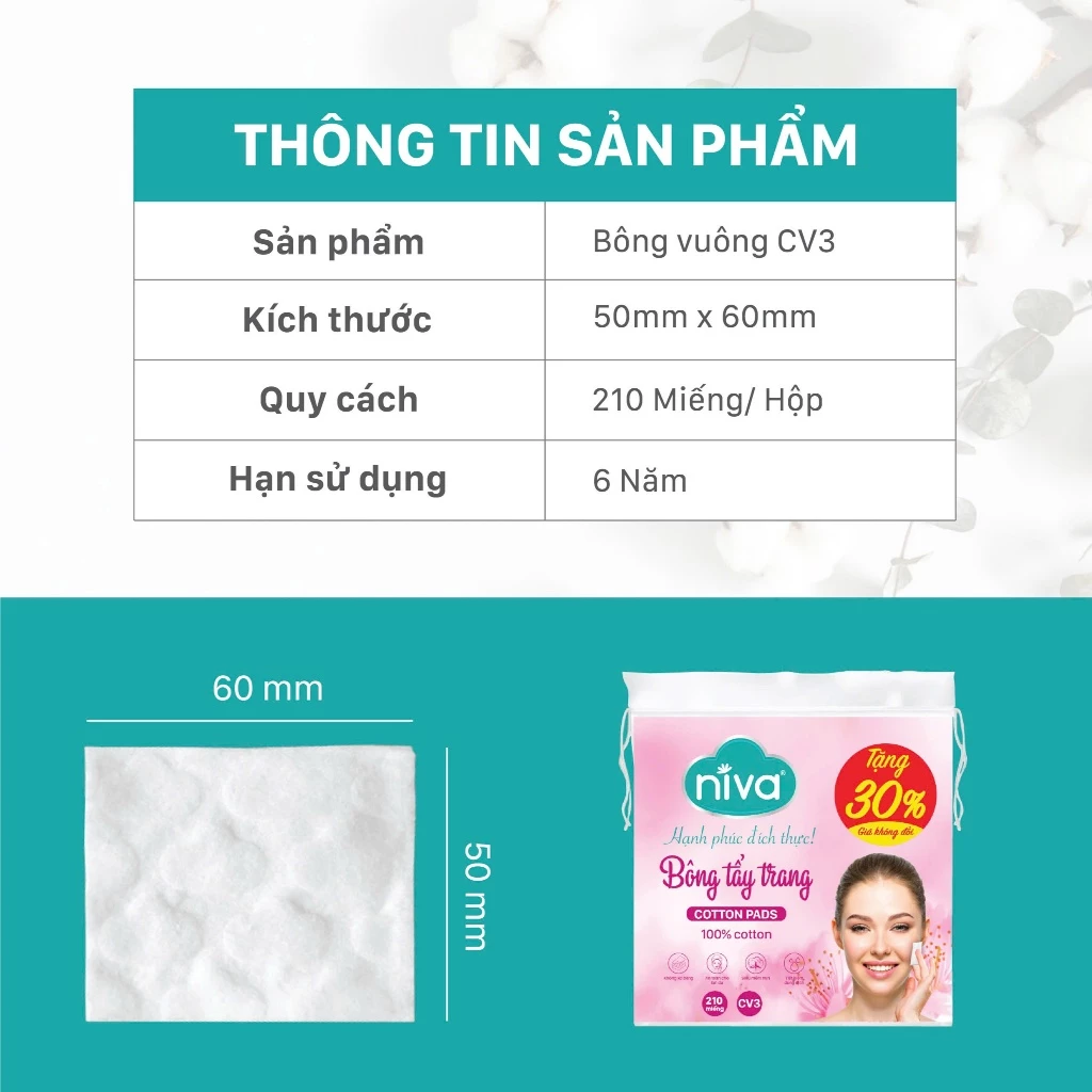  Bông Tẩy Trang Vuông NIVA CV3 Túi 210 Miếng – Bông Tự Nhiên Cao Cấp, Bản Cải Tiến 