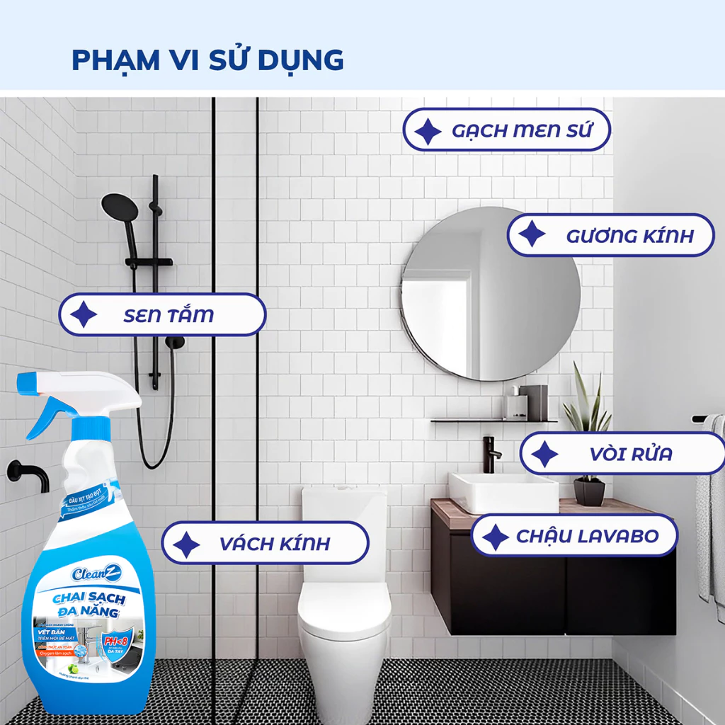 Chai Sạch Đa Năng CLEANZ hương chanh Vệ Sinh Nhà Tắm Chống Ăn Mòn Inox Vệ Sinh Vòi Rửa, Vòi Sen, Vách Kính 350-700ml 