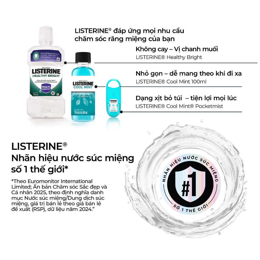  Nước súc miệng giúp răng trắng sáng tự nhiên Listerine Healthy Bright 750ml 