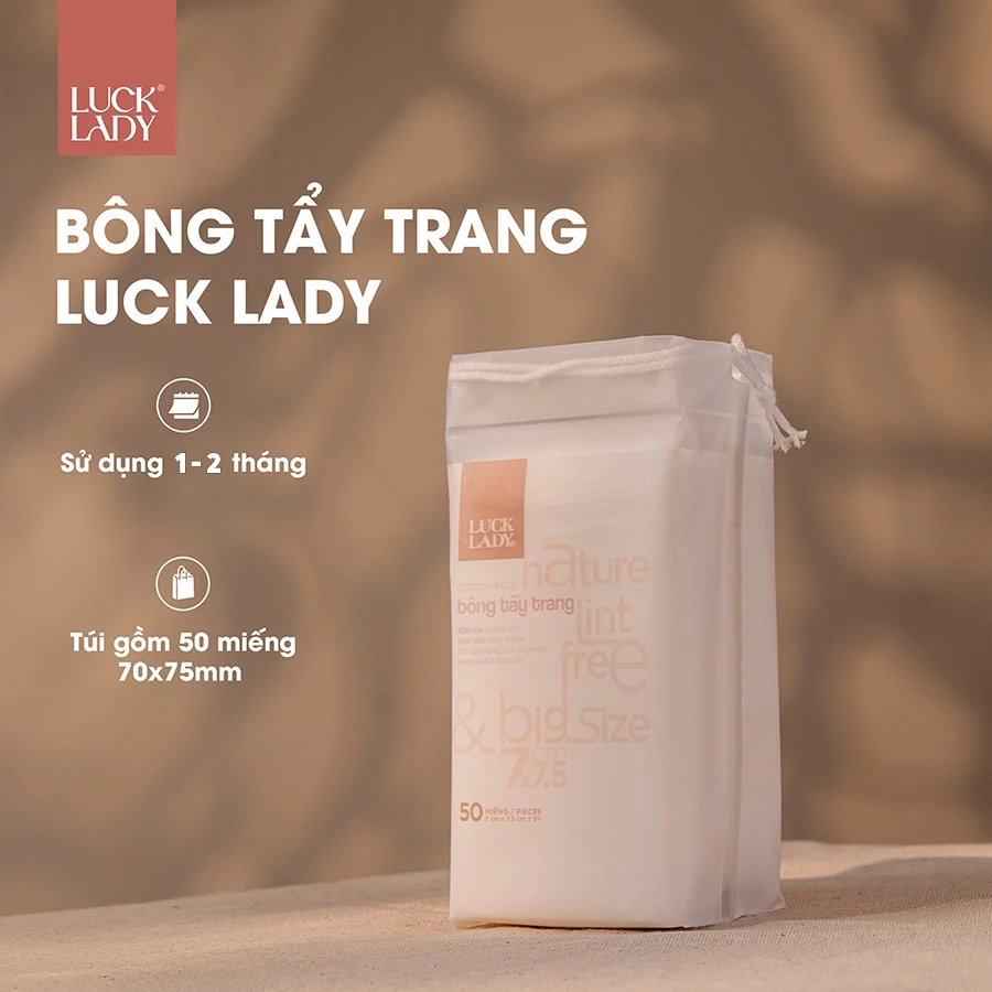  Túi bông tẩy trang Luck Lady cao cấp dạng túi rút nhỏ gọn mang đi du lịch 50 miếng/túi, kích thước bông 7x7,5cm 