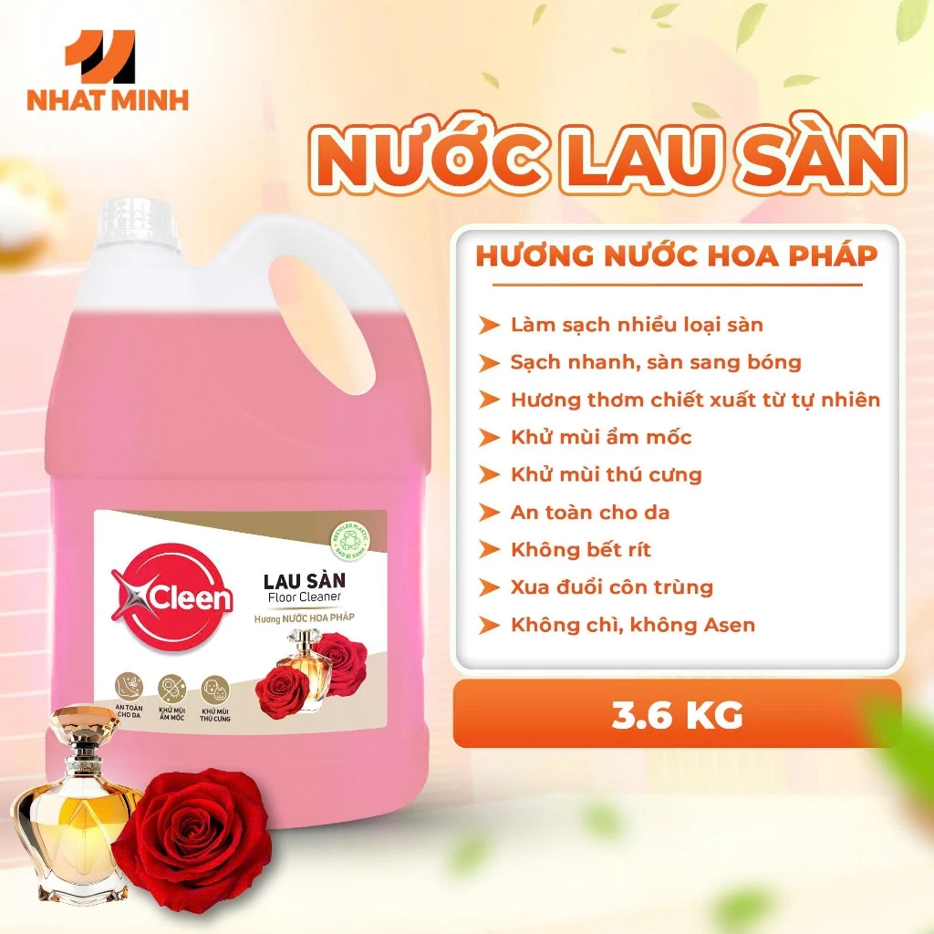  Nước Lau Sàn Đậm Đặc 3.6 kg XCleen - Hương Nước Hoa Pháp - Thơm Lâu - Siêu Tiết Kiệm - Khử Mùi 