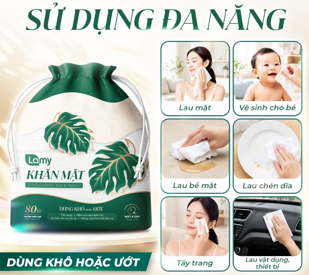  Khăn mặt khô đa năng Lamy túi rút 80 khăn không mùi mềm dai thấm hút tốt 