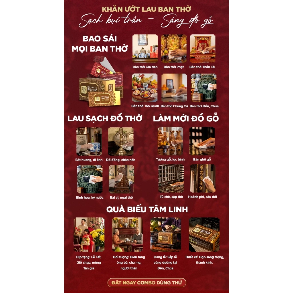  Khăn ướt lau ban thờ Bách Phúc 20 chiếc/hộp, bao sái ban thờ, nguồn gốc thực vật, hương trầm, quế 