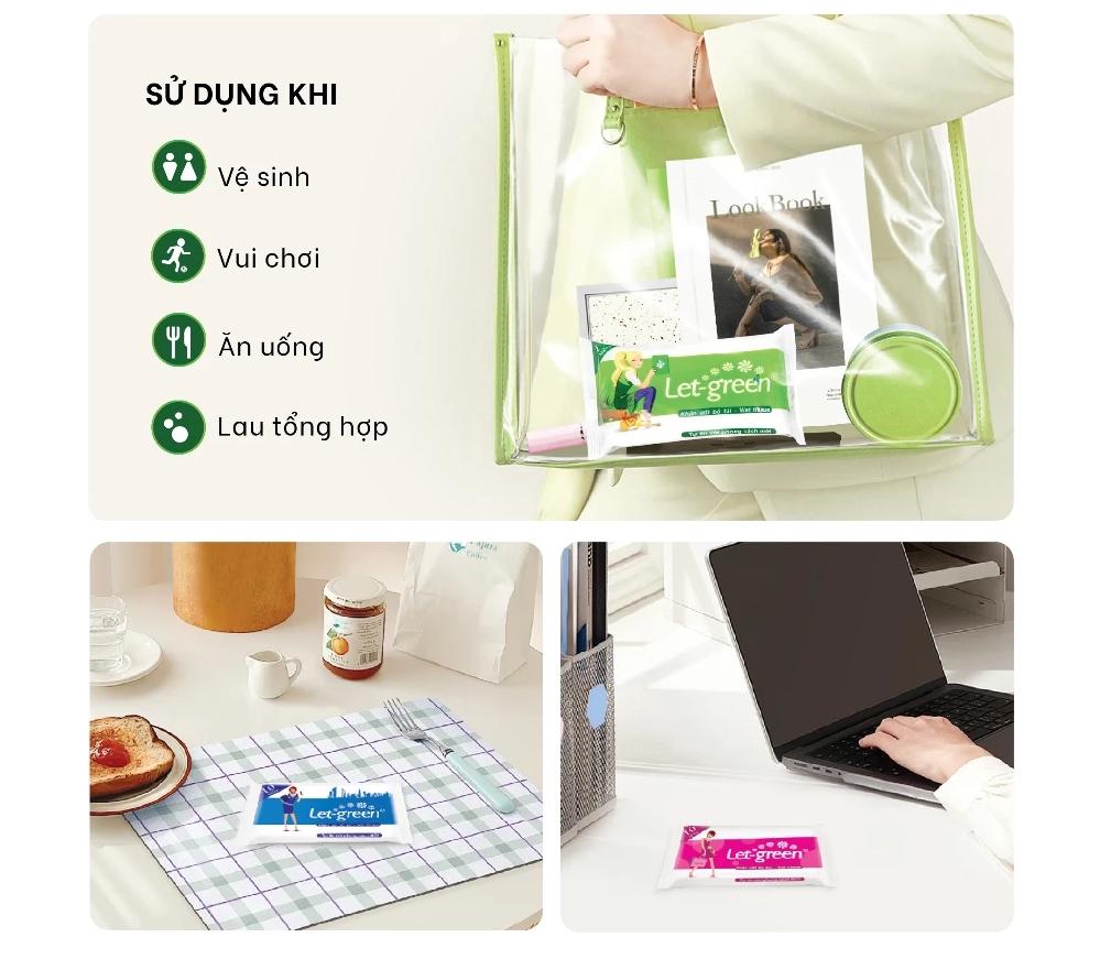  Khăn Ướt Bỏ Túi LET-GREEN 10 Miếng Vải Rayon Mềm Mại, Không Nhờn Da 