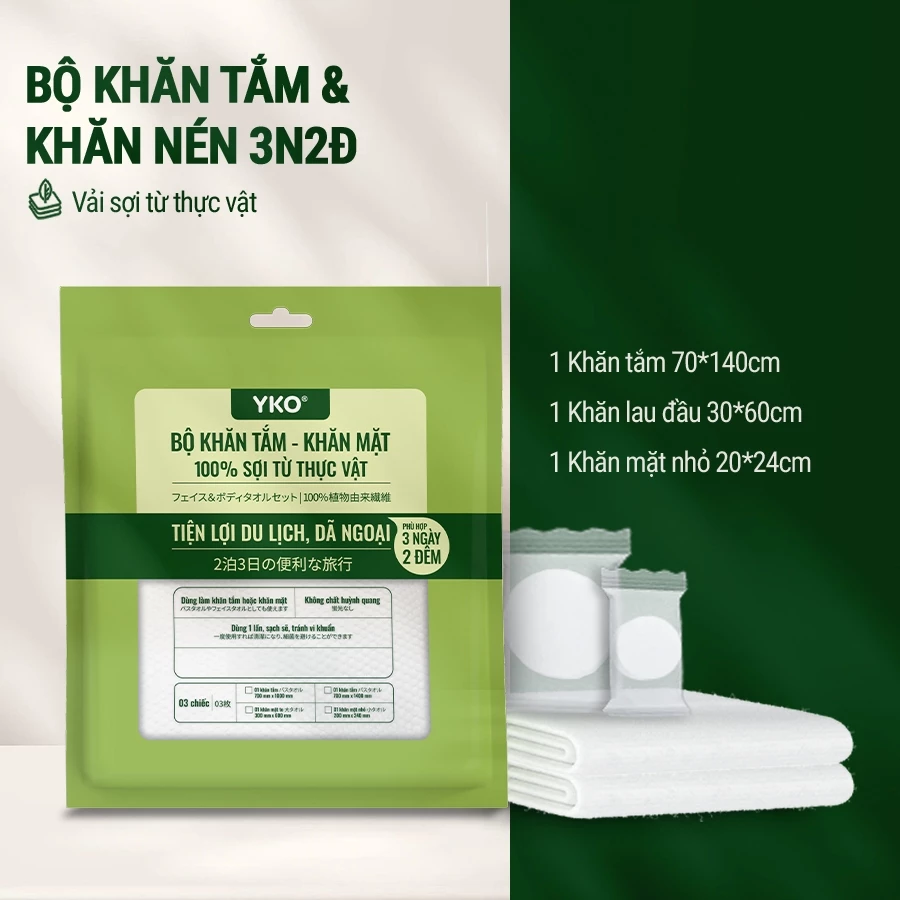  Bộ 3 khăn dùng 1 lần túi 3 ngày 2 đêm du lịch Yko từ sợi tự nhiên gia đình, công tác 