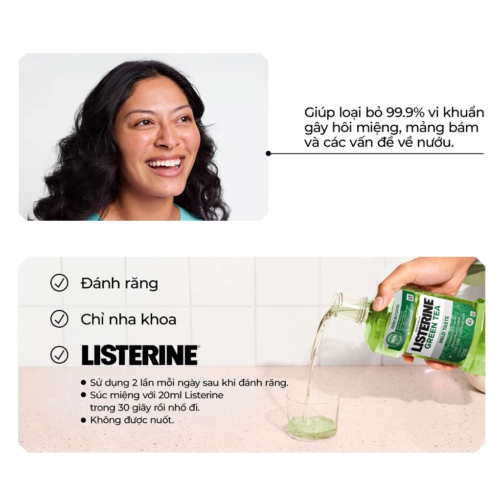  Nước Súc Miệng Ngừa Sâu Răng Vị Trà Xanh Không Cay Listerine Green Tea Zero Alcohol 250ml 