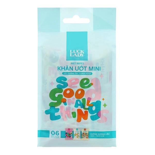  Khăn ướt mini LUCK LADY không mùi túi 6 gói (gói 10 miếng) Màu ngẫu nhiên 