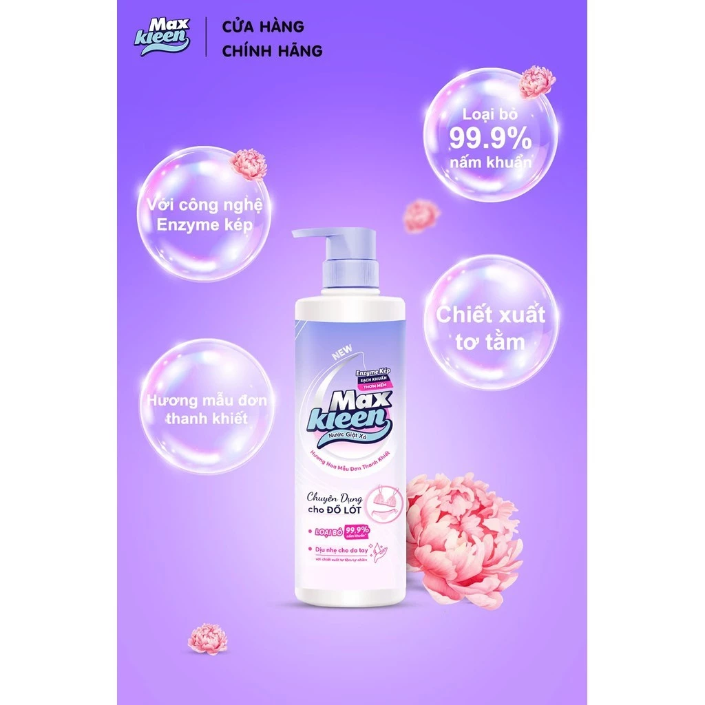  Nước Giặt Xả MaxKleen chuyên dụng cho đồ lót chai 650g Hương hoa mẫu đơn thanh khiết 