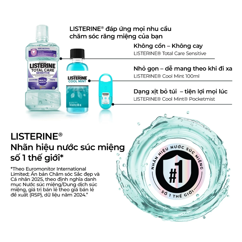  Nước súc miệng cho răng nhạy cảm Listerine Total Care Sensitive Soothing Taste 250-750ml 