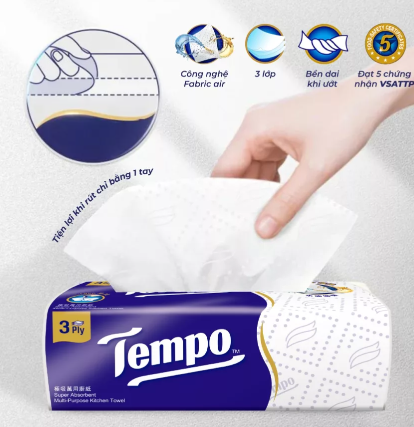  [LỐC 3 GÓI] Khăn Giấy Bếp Đa Năng Siêu Thấm Tempo (3 Gói Rút/Lốc) Bền Dai, Thương Hiệu Đức 