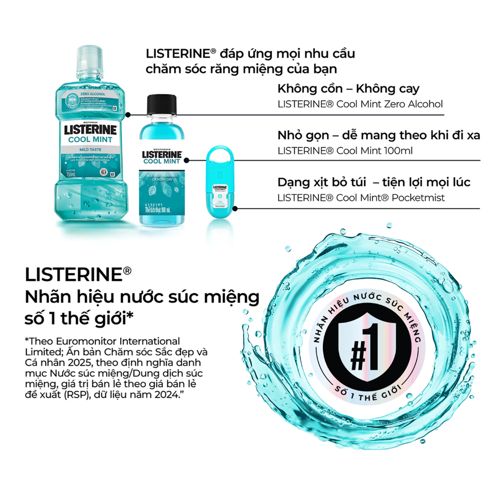  Nước Súc Miệng Listerine Không Cay Giúp Hơi Thở Thơm Mát - Cool Mint Zero Alcohol 750ml 