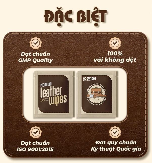  Hộp 20 gói khăn ướt lau giày da túi da ví da siêu tốc Leather EcoWipes gói 25 tờ hương quế 