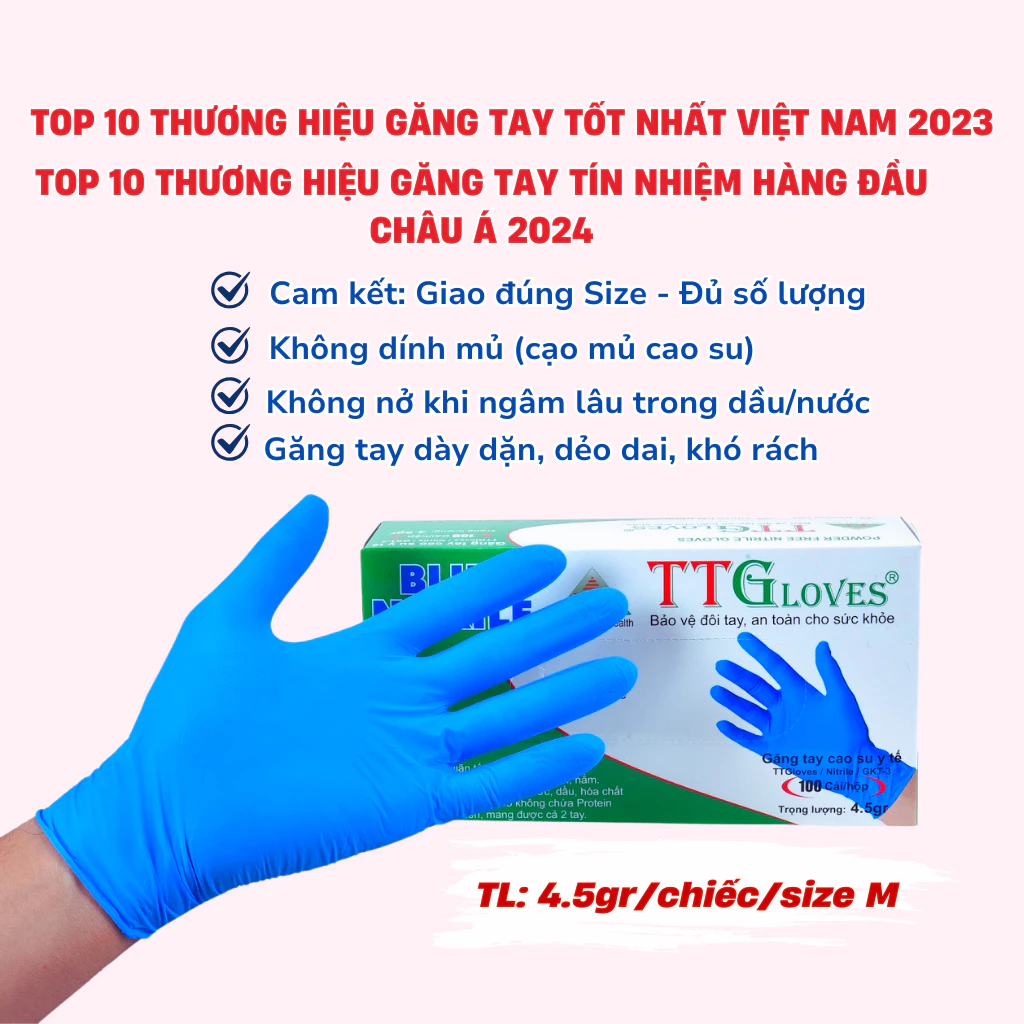  Găng Tay Cao Su Y Tế TTGLOVES Không Bột Nitrile Màu Xanh Đậm Siêu Bền 4.5gr (Hộp 100 Chiếc) 