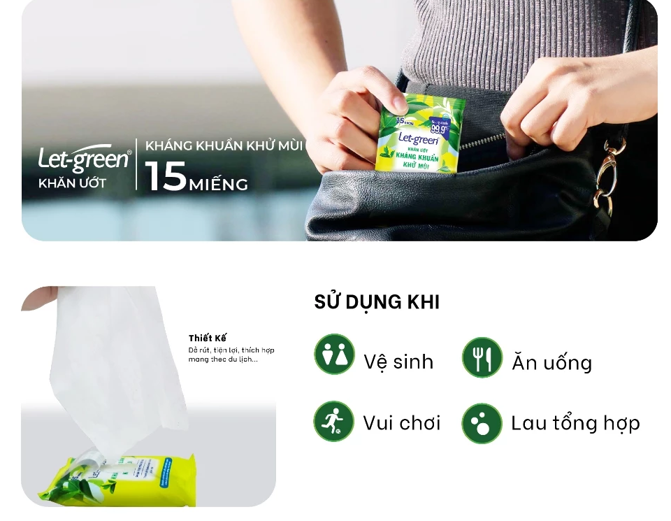  Khăn Ướt Kháng Khuẩn Khử Mùi Bỏ Túi LET-GREEN, 15 Miếng/Gói 