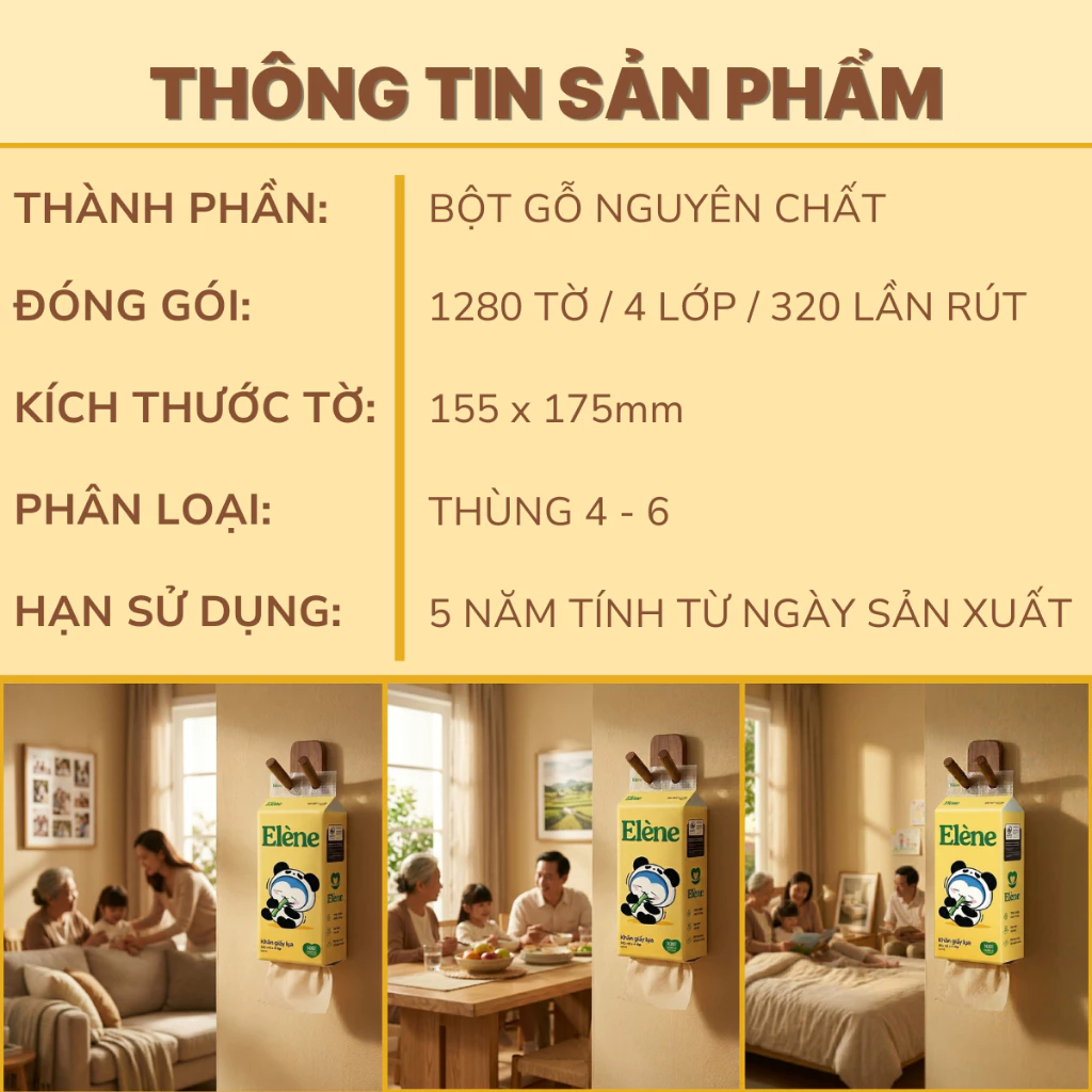 Khăn Giấy Lụa Tre Elène Rút Đáy 4 lớp 320 Lần Rút Cao Cấp, Thân Thiện Với Môi Trường 