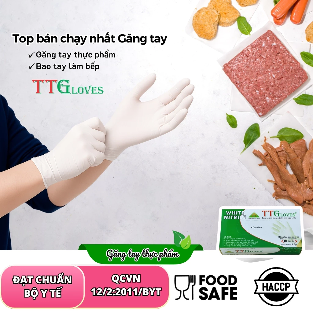  Găng Tay Nấu Ăn Kitchen And Food TTGLOVES Nitrile Không Bột Màu Trắng 4.5gr (Hộp 100 Chiếc) 
