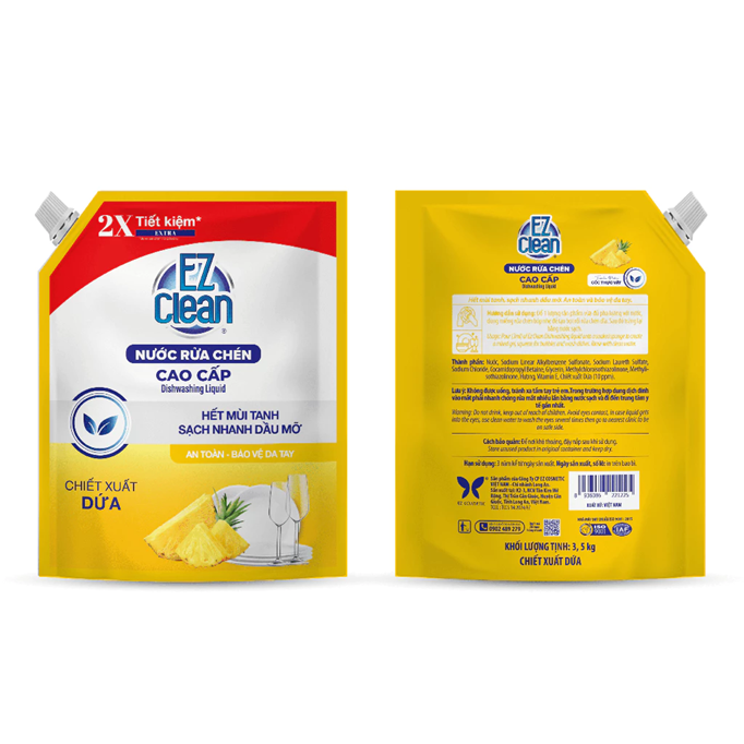  Túi Nước Rửa Chén EZ Clean 3,5kg, sạch nhanh dầu mỡ, không phẩm màu, dịu da tay, bổ sung vitamin E 