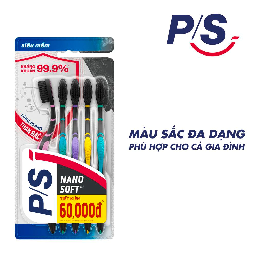  Bộ 5 bàn chải P/S than bạc kháng khuẩn 99.9% 