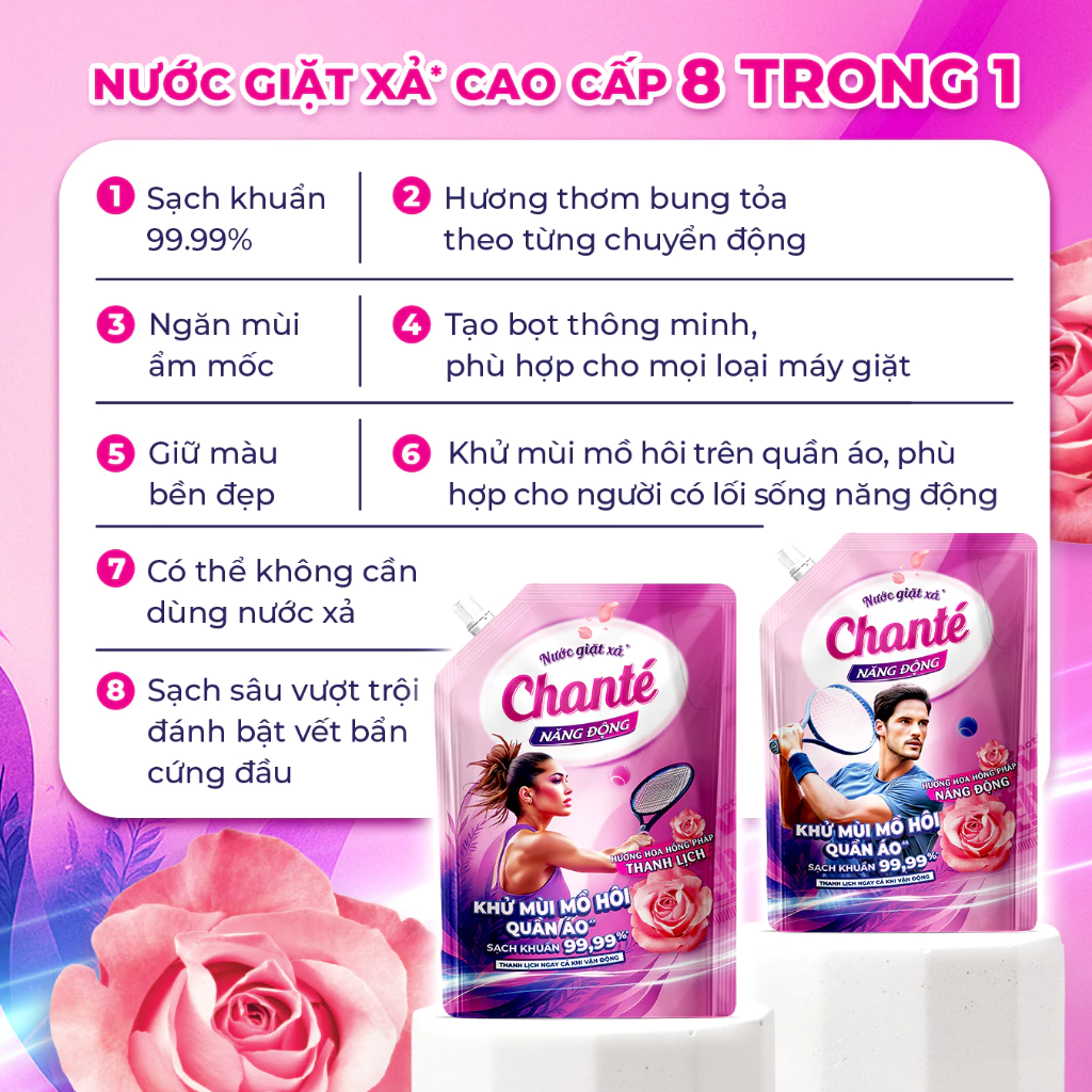  Nước giặt xả 8 trong 1 Chanté Năng Động 1-3.2kg 