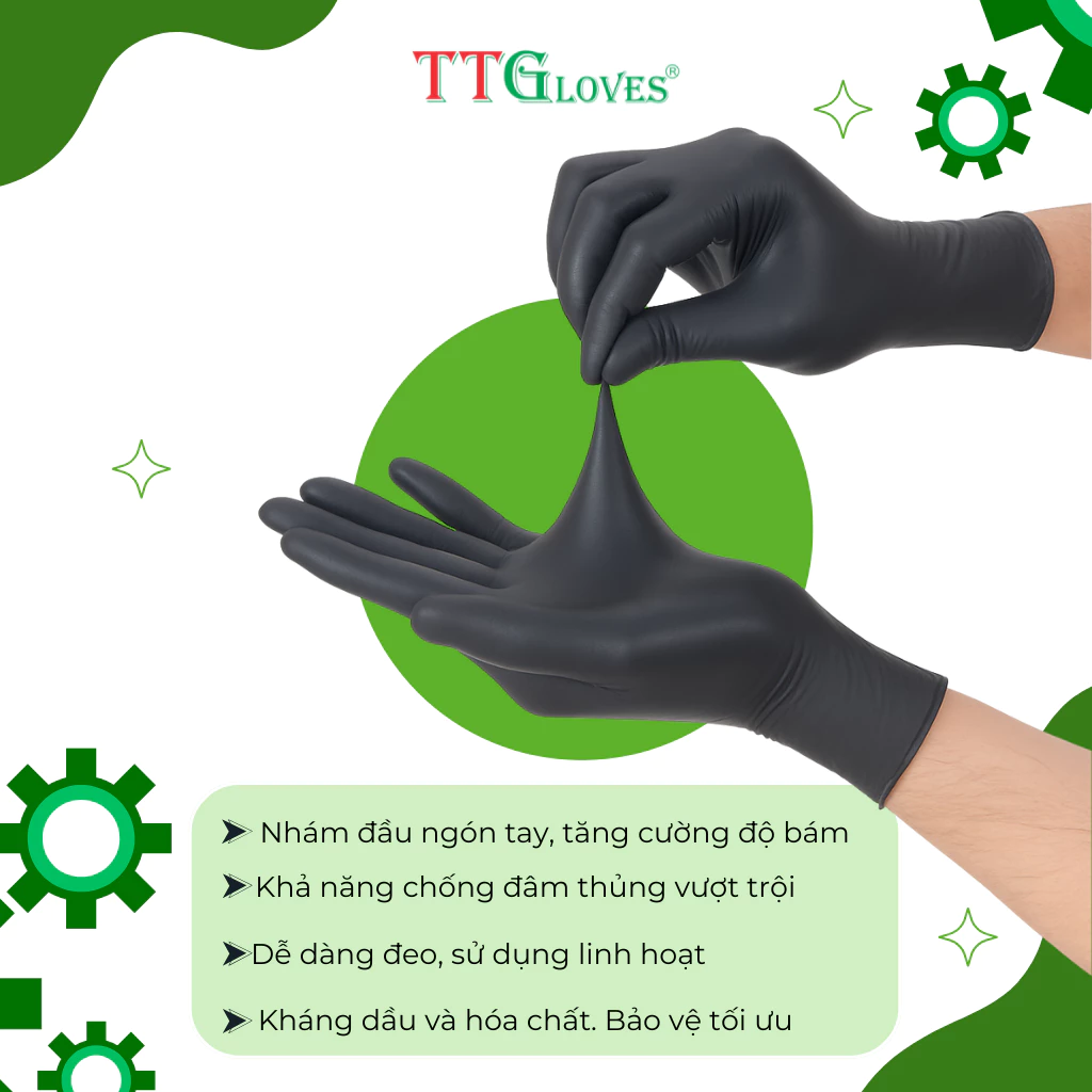  Găng Tay Cao Su Y Tế TTGLOVES Không Bột Nitrile Màu Đen Siêu Dai 4.0gr (Hộp 100 Chiếc) 