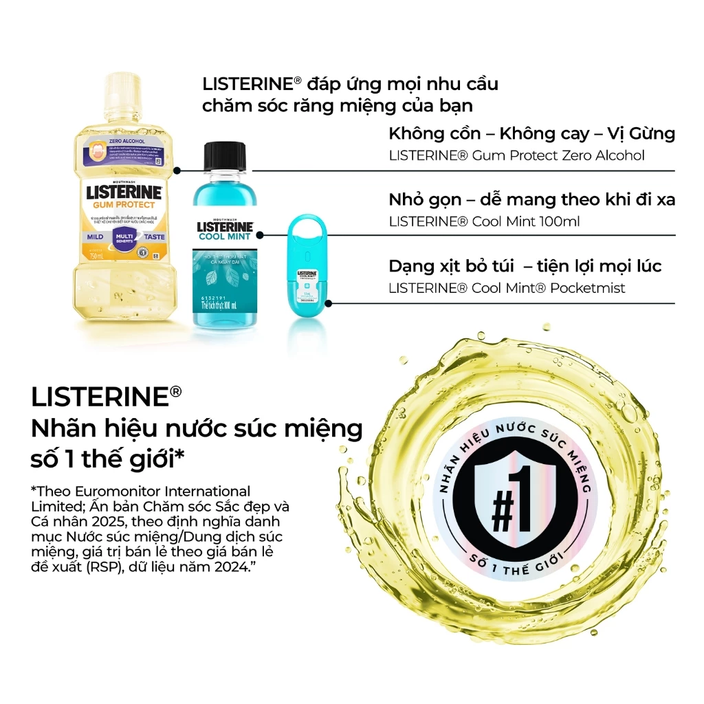  Nước Súc Miệng Listerine Gum Protect Zero Alcohol Giúp Nướu Chắc Khỏe 750ml 