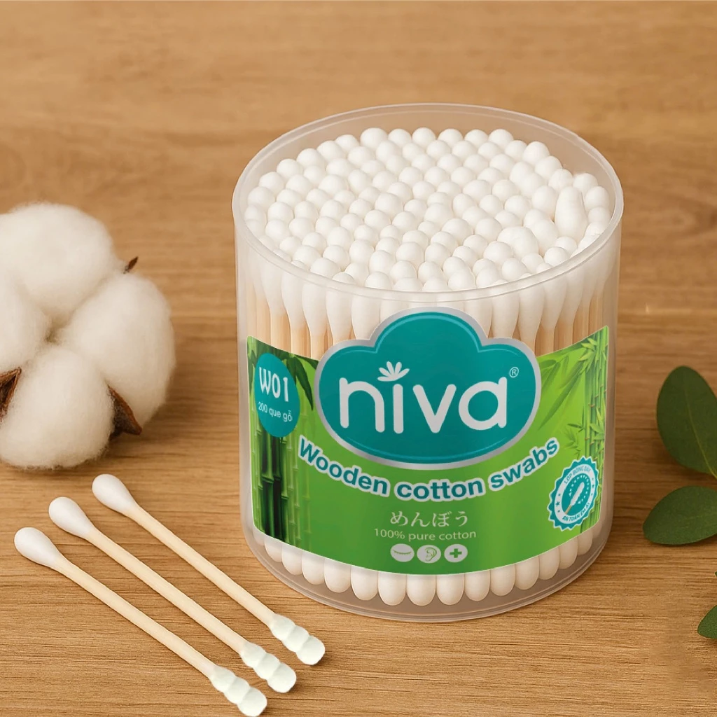  Hũ Xoay Tăm Bông Niva Cho Người Lớn 200 Que Thân Gỗ WO1 Bông Tự Nhiên Thuần Khiết An Toàn 
