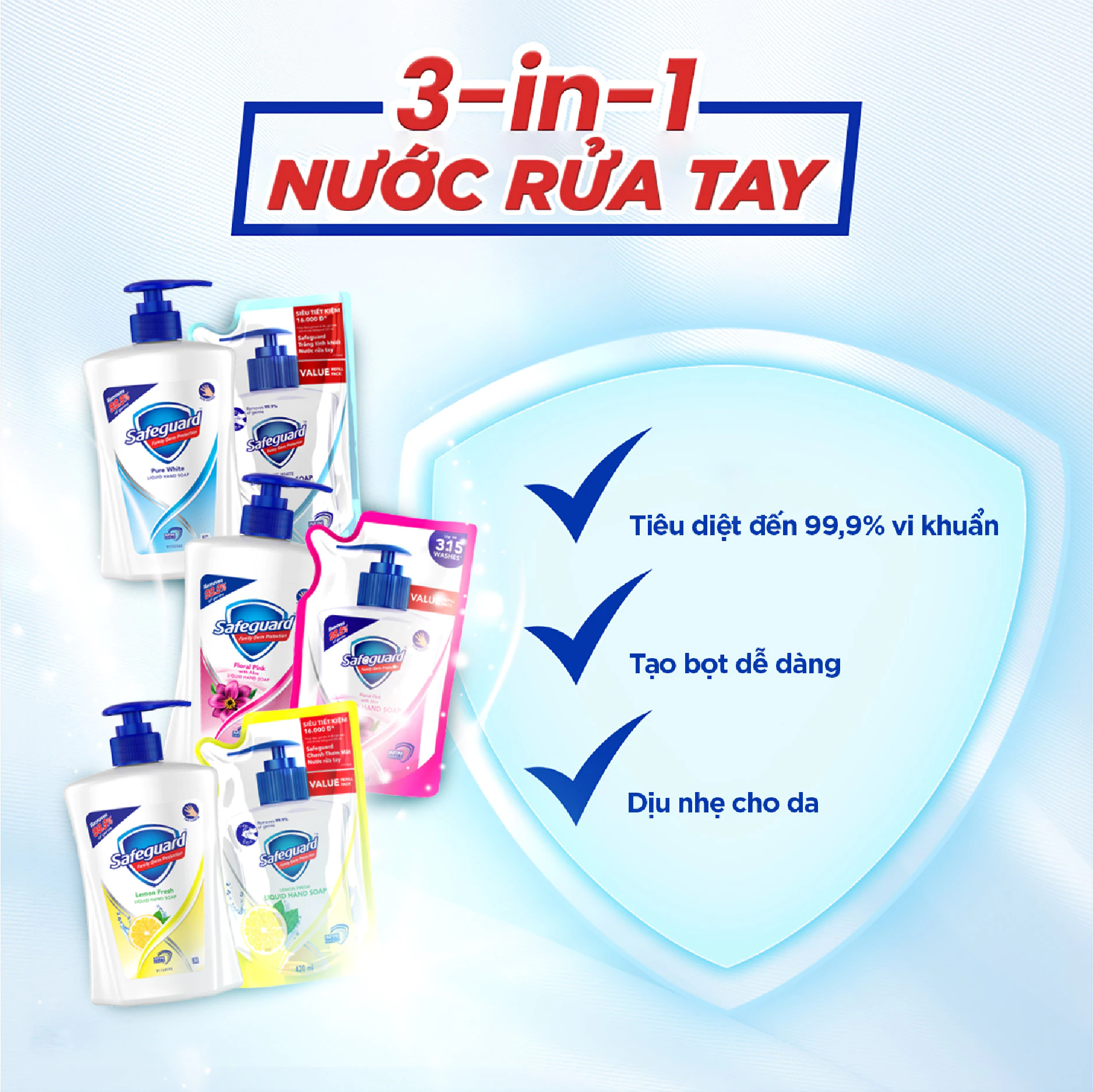  Nước Rửa Tay SAFEGUARD Sạch 99,9% Vi Khuẩn & Dịu Nhẹ Cho Da - Chai 450ML -Thái Lan 