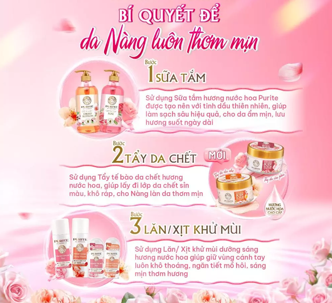  Tẩy Tế Bào Da Chết Dưỡng Sáng PURITÉ Hương Nước Hoa Hoa Anh Đào/ Hoa Hồng 220G 