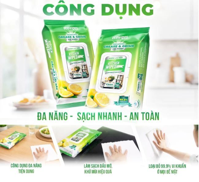  Khăn ướt lau bếp cao cấp Kitchen EcoWipes gói 42 tờ size lớn hương chanh 