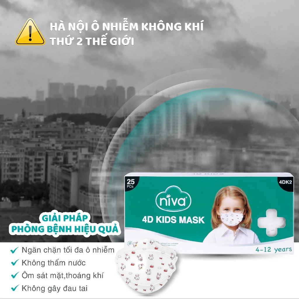  Khẩu Trang NIVA 4D Mask KF94 Dành Cho Trẻ Em Hộp 25 Chiếc Ngăn Bụi Mịn, Kháng Khuẩn, Không Kích Ứng Da 