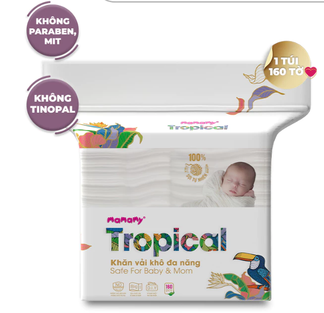  Khăn khô cao cấp cho bé Mamamy Tropical 100% sợi tự nhiên và rayon gói 160 tờ mềm, dai, sạch cực 