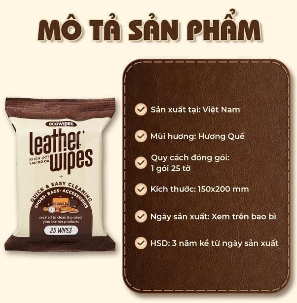  Khăn ướt lau giày da túi da ví da siêu tốc Leather EcoWipes gói 25 tờ hương quế 
