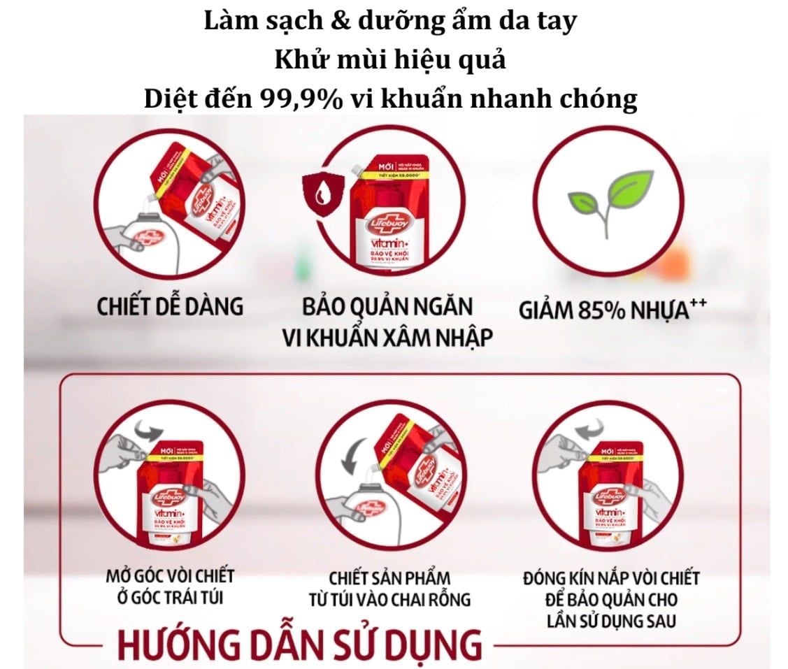  Nước rửa tay sạch khuẩn Lifebuoy Dạng Túi 1 KG có vòi tiện lợi sử dụng 